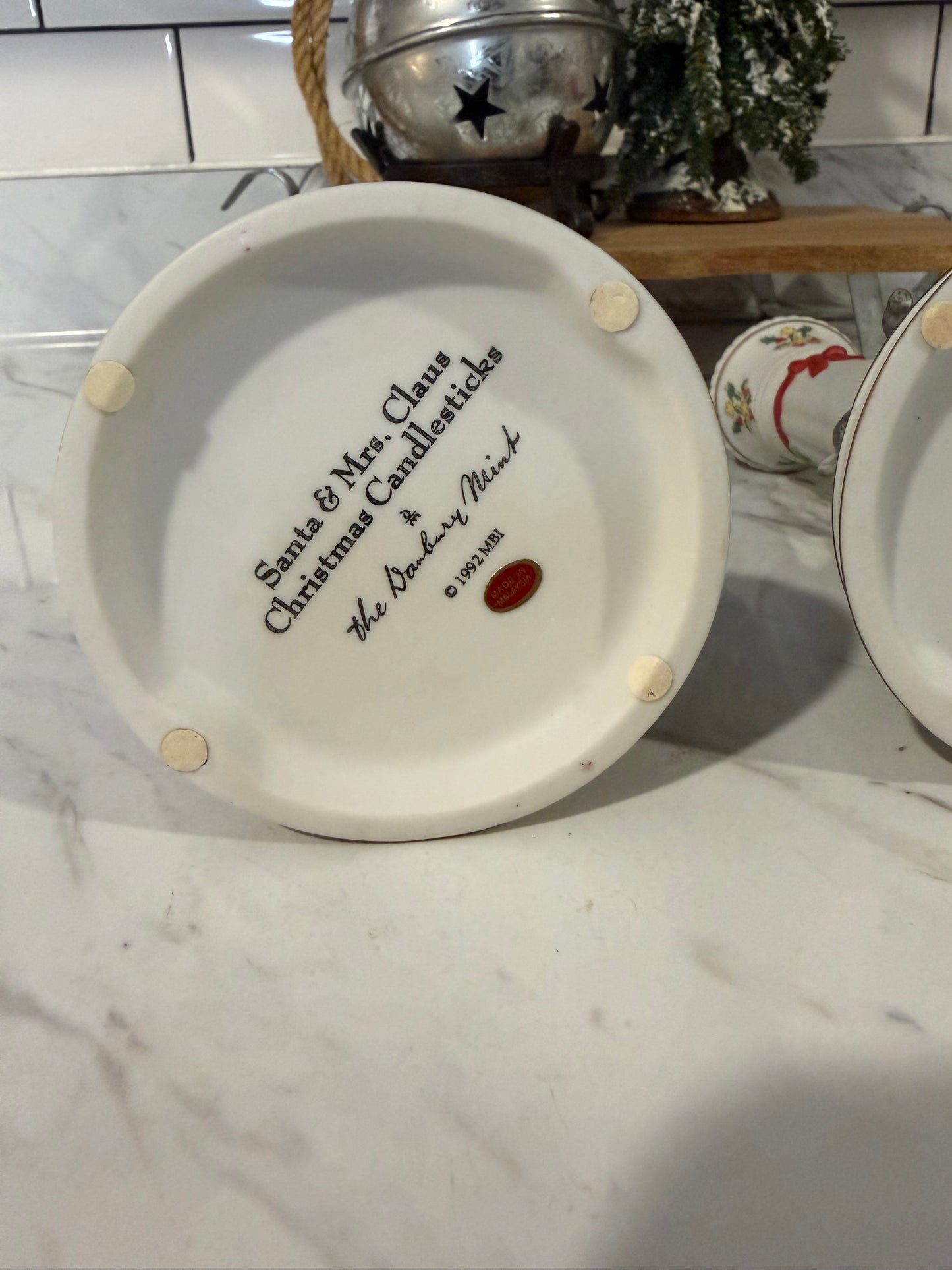 Vintage Danbury Mint “Christmas Candlesticks” — Mrs. Claus & Elves — 1990s Ceramic Pair with 23kt Gold Accents