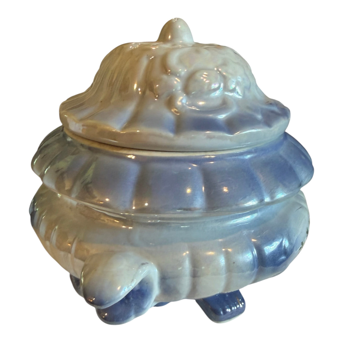 Blue Iridescent Lusterware Vintage Covered Serving Bowl | Pink Rose Floral Tureen