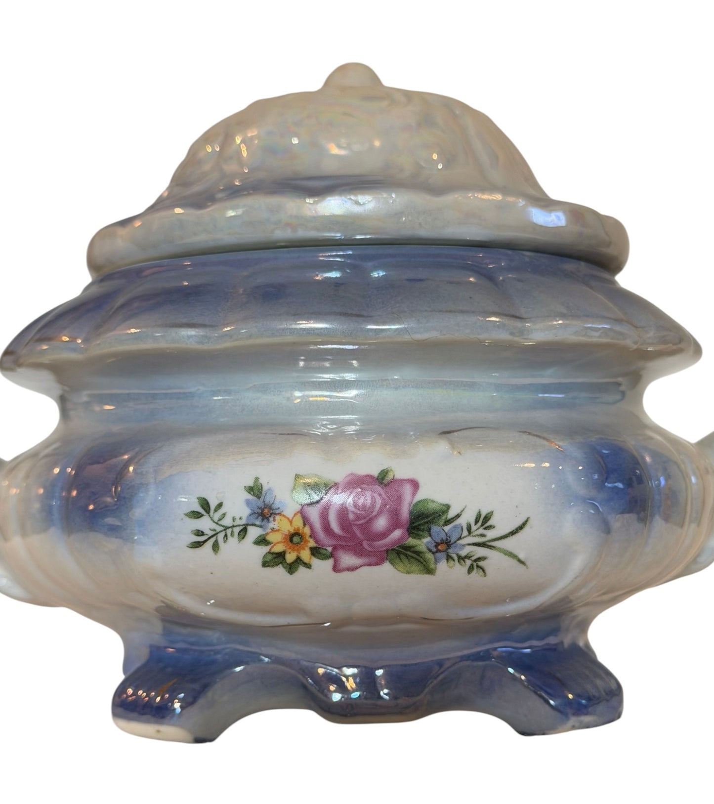 Blue Iridescent Lusterware Vintage Covered Serving Bowl | Pink Rose Floral Tureen