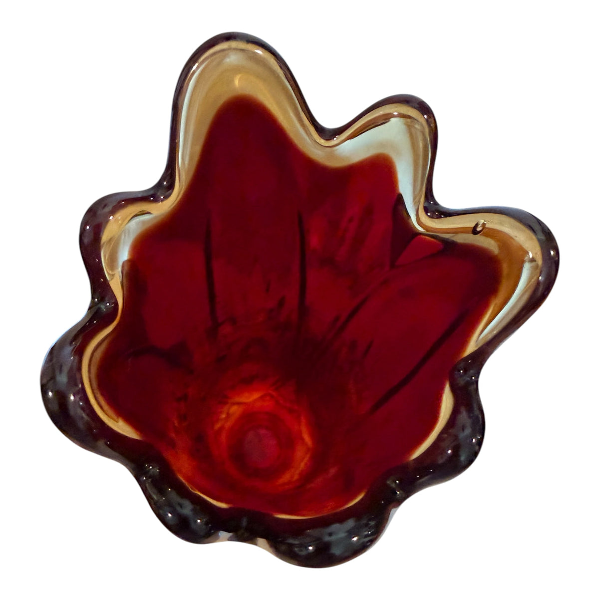 Indiana Glass Vintage Sunburst Amberina Swung Vase – 11” Red & Amber Glass
