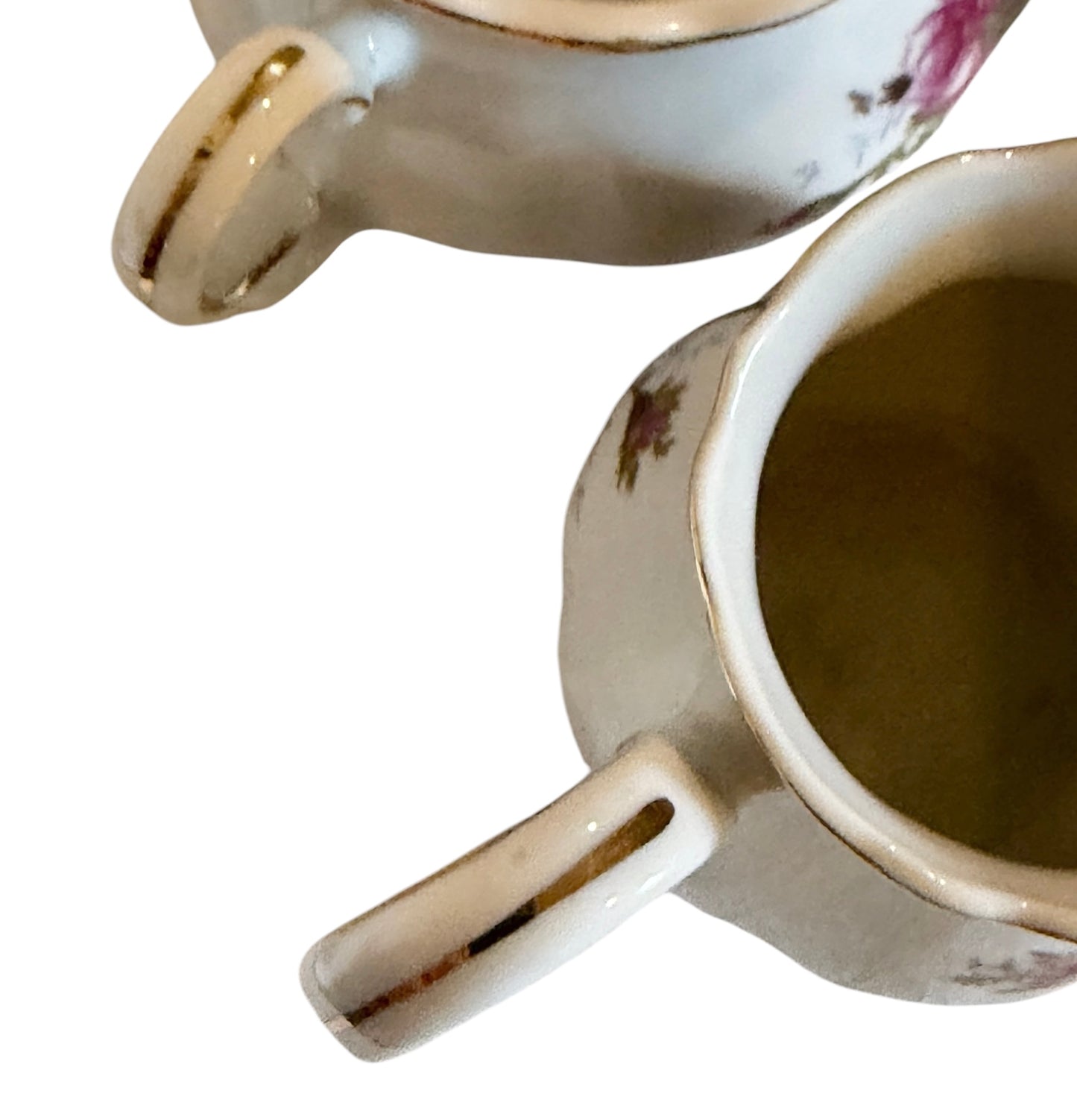 Moss Rose Vintage Porcelain Creamer & Lidded Sugar Bowl Set | Pink Roses Gold Trim