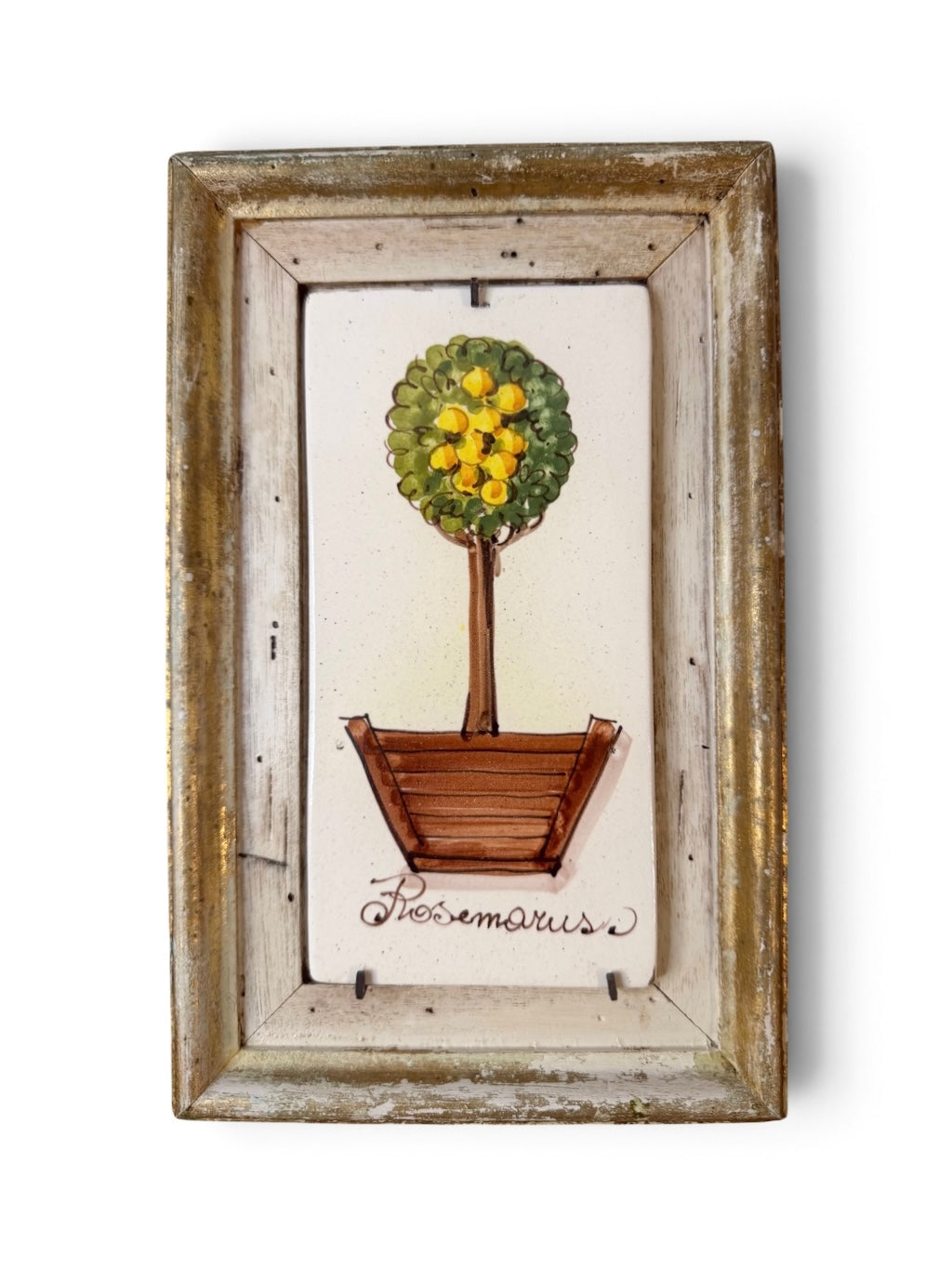Vintage Italian Majolica Ceramic Lemon Topiary Wall Art – Florentine Gold Frame – E.A. Italy - Stamped