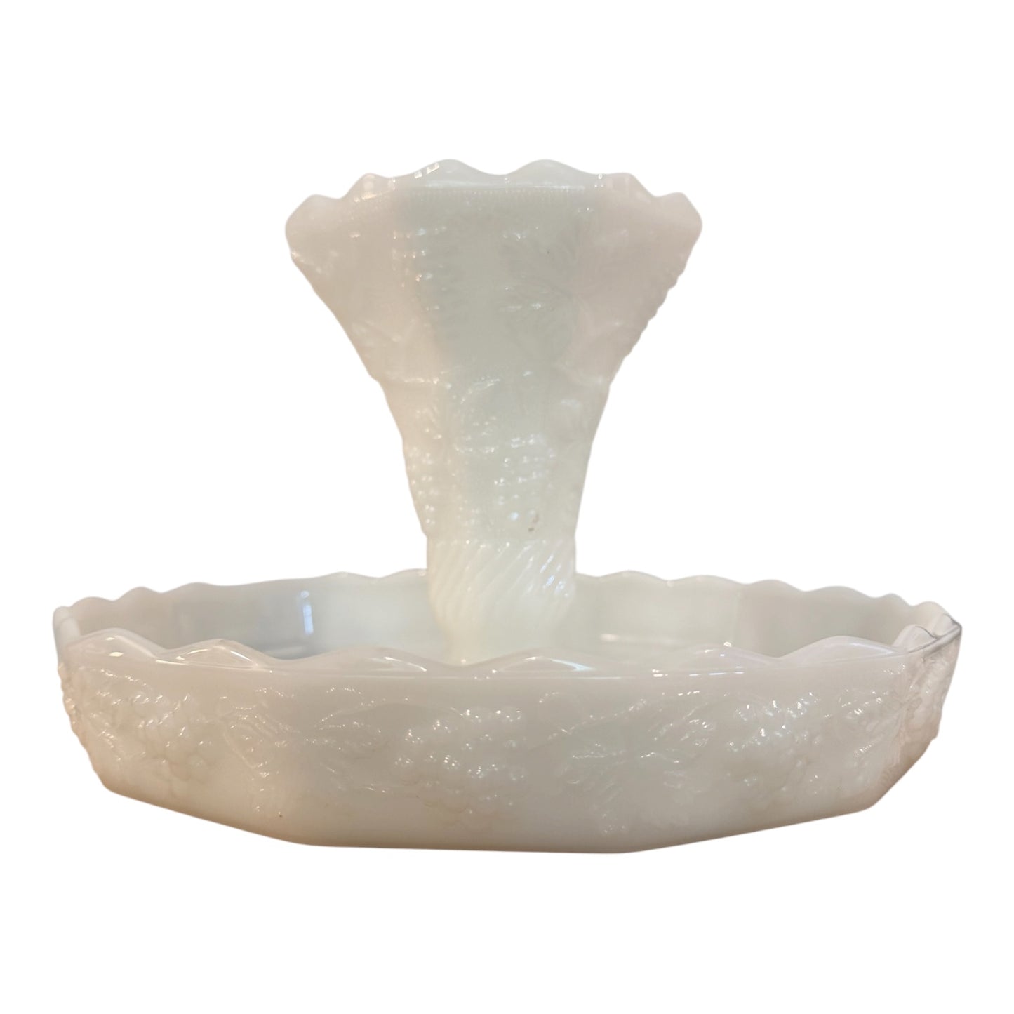 Vintage Milk Glass Pedestal Cake Stand | Harvest Grape / Paneled Grape Pattern | Mid-Century Glass