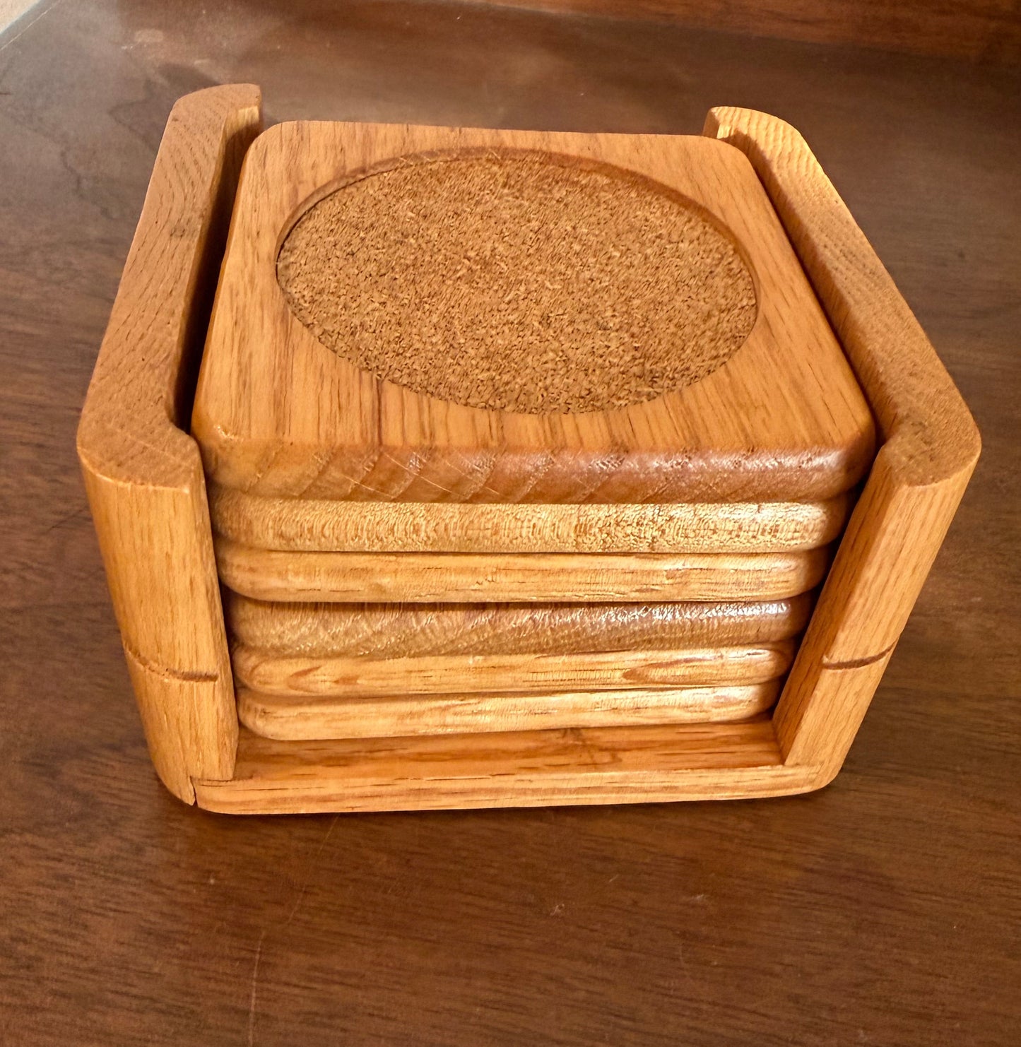 Mid-Century Teak & Cork Coaster Set with Holder | MCM Barware | Vintage