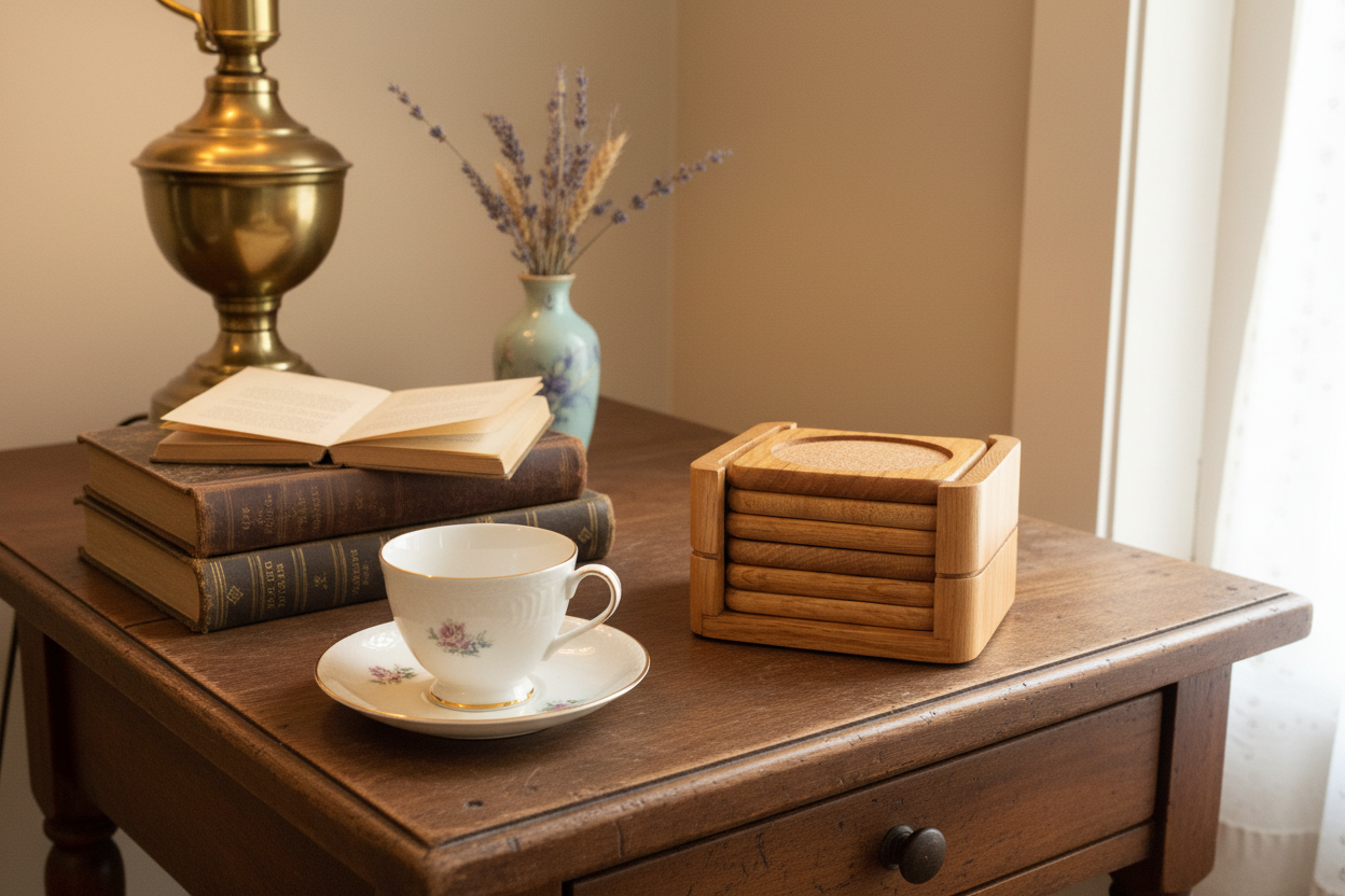 Mid-Century Teak & Cork Coaster Set with Holder | MCM Barware | Vintage
