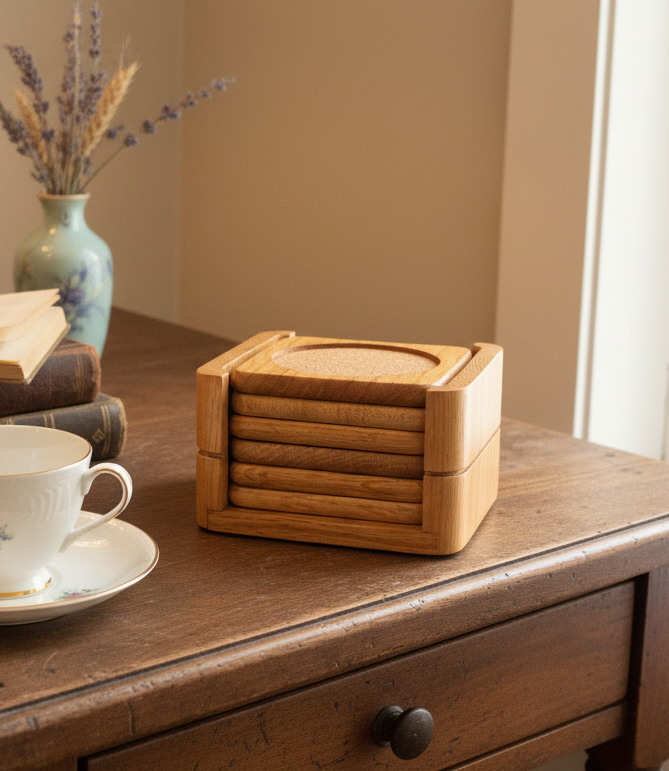 Mid-Century Teak & Cork Coaster Set with Holder | MCM Barware | Vintage