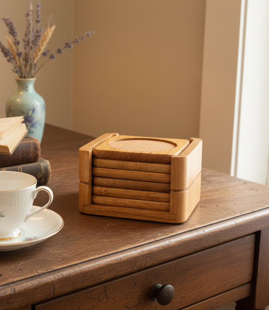 Mid-Century Teak & Cork Coaster Set with Holder | MCM Barware | Vintage