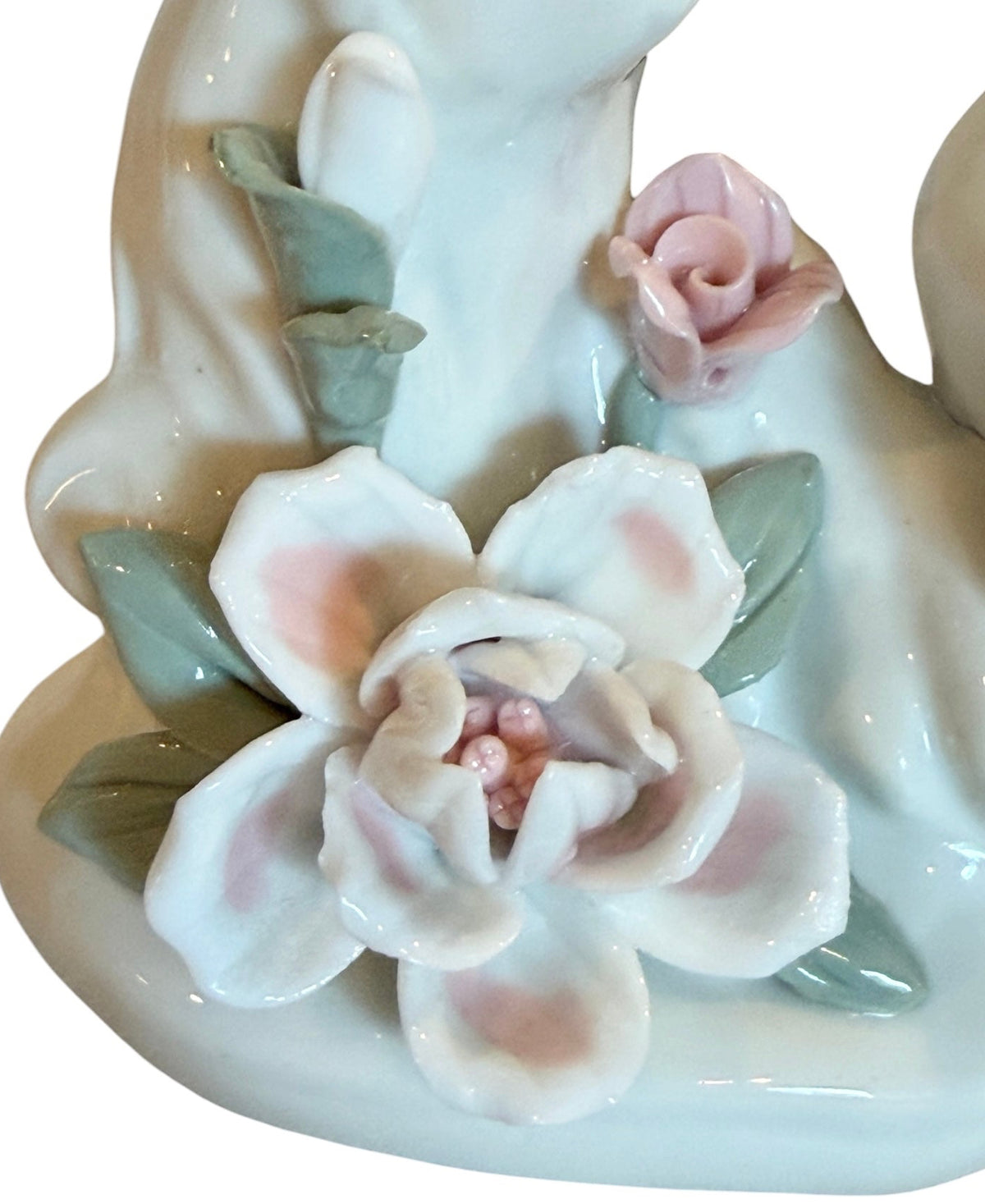 Porcelain Vintage Dove Family Figurine with Applied Flowers & Gold Accents