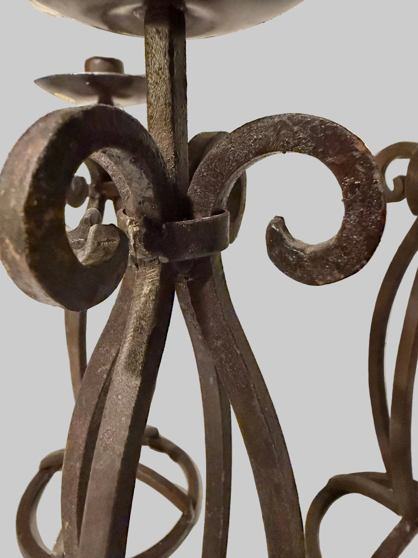 Set of 3 Rustic Primitive Wrought Iron Hurricane Candle Holders with Glass Shades