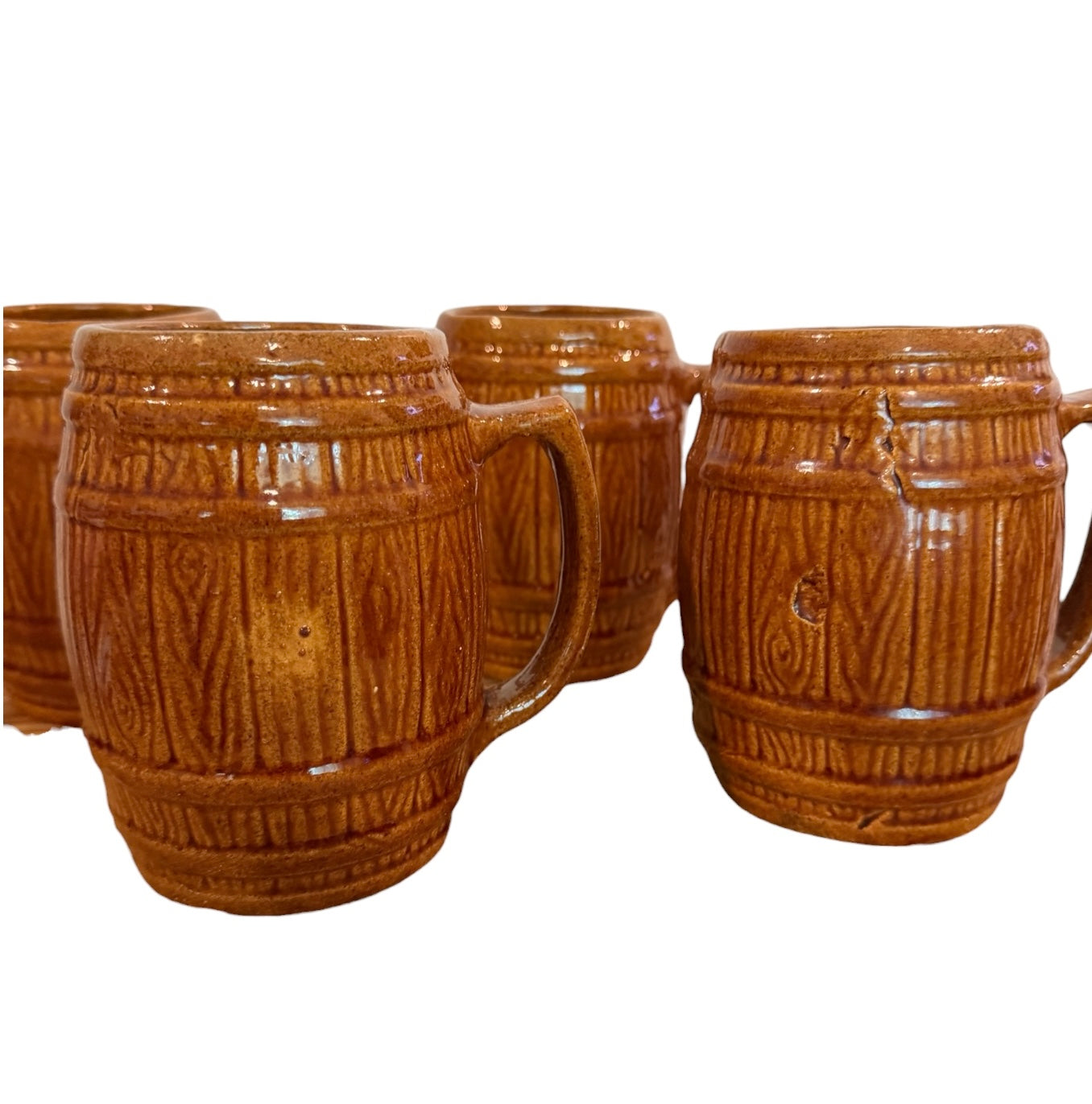 Set of 4 Vintage McCoy Pottery Old Oaken Barrel Mugs 397 | Faux Bois Brown Stoneware Beer Steins
