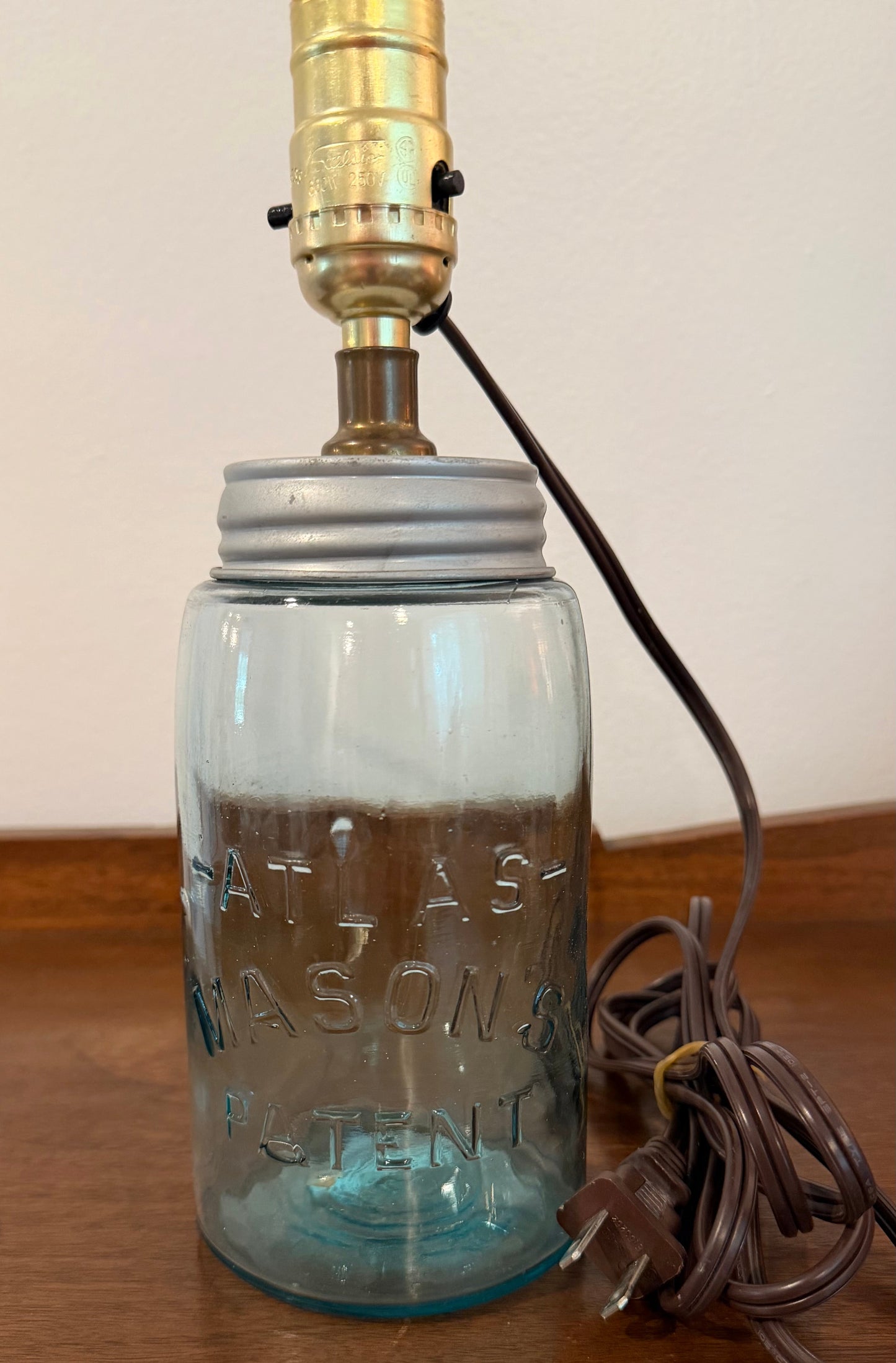 Antique Atlas Mason’s Patent Jar Lamp | Rustic Upcycled Aqua Glass Table Lamp