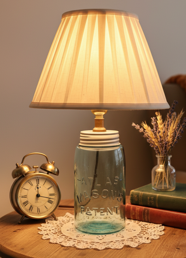 Antique Atlas Mason’s Patent Jar Lamp | Rustic Upcycled Aqua Glass Table Lamp