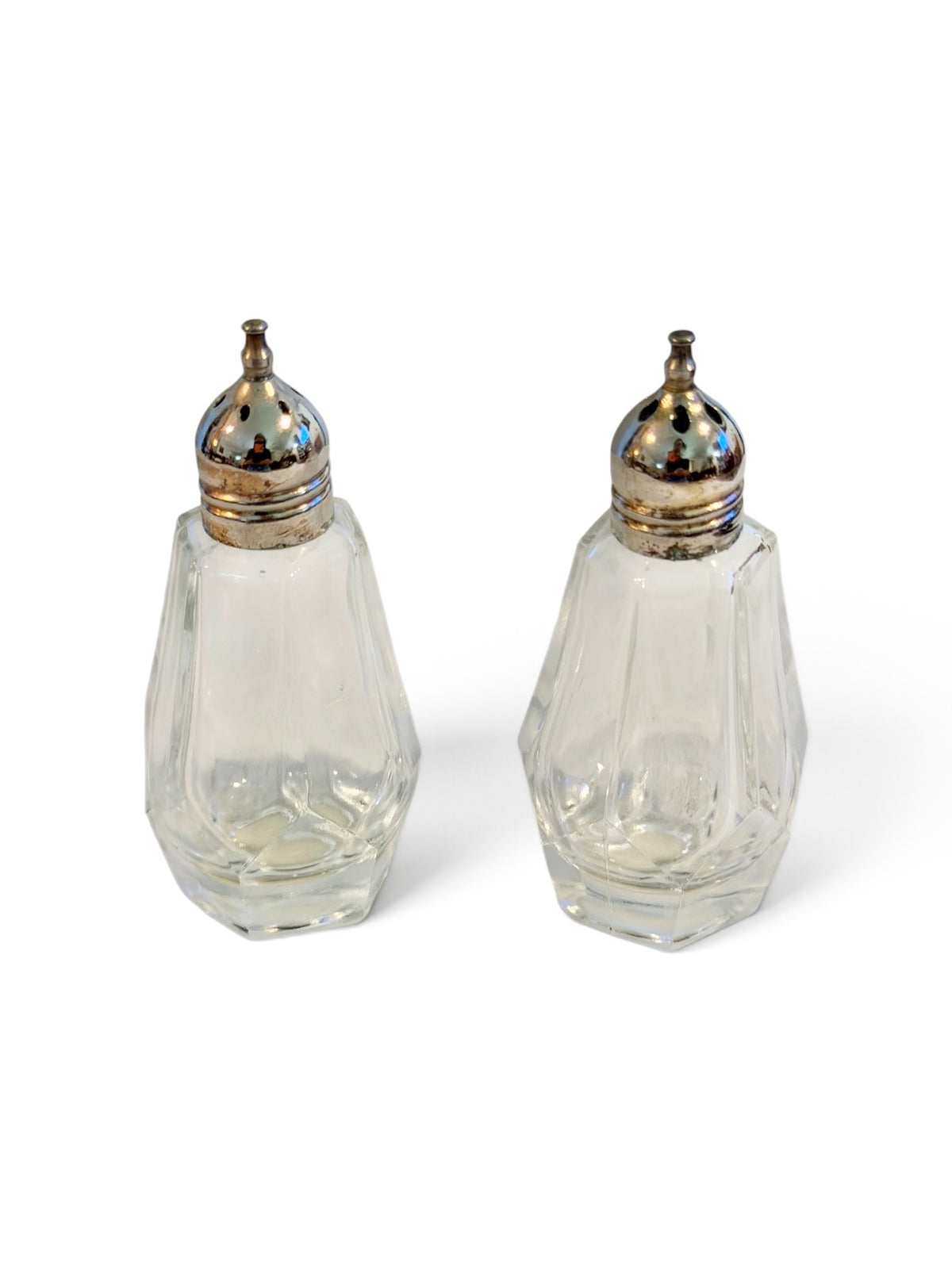 F.B. Rogers Crystal Salt & Pepper Shakers – Silver Plate Tops | Made in Japan