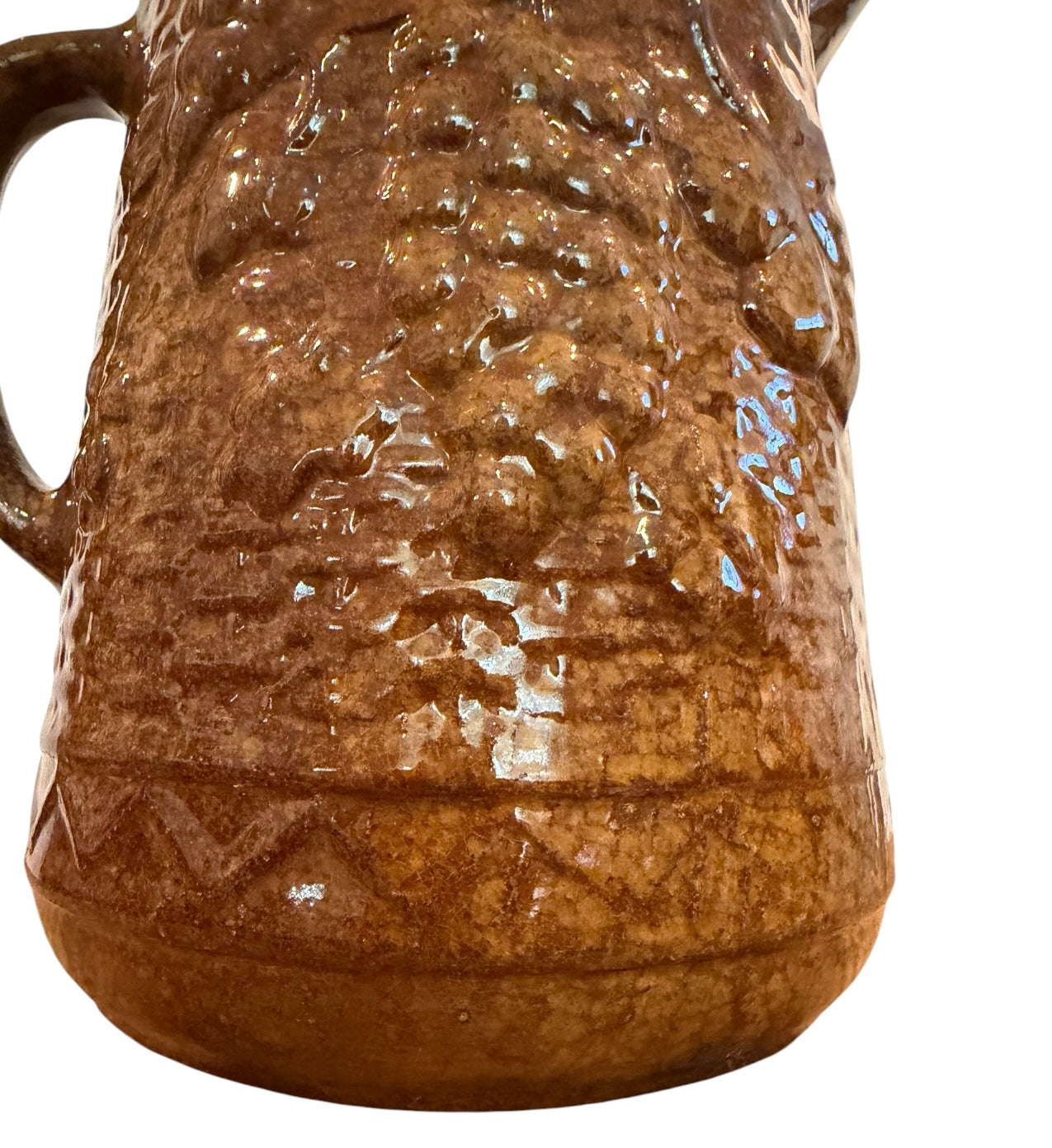 Antique Brown Stoneware Pitcher | Grape & Trellis Relief Pattern | Circa 1890s–Early 1900s