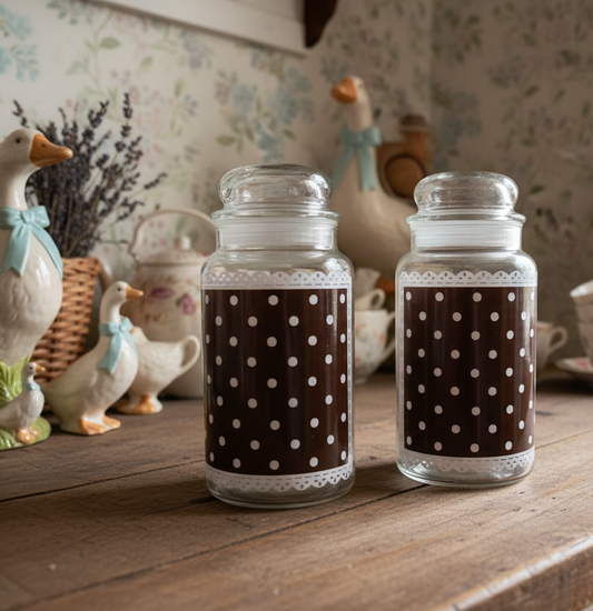 Anchor Hocking “Lace Dot” Vintage Canister Jars – Brown & White Polka Dot Cottagecore Kitchen Storage (Set of 2)