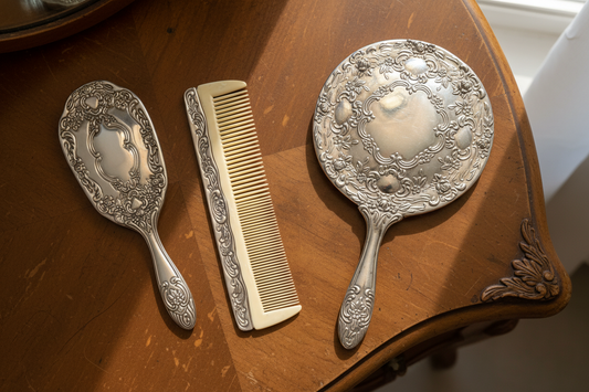 Silver-Plated Vintage Vanity Set – Mirror, Brush & Comb (Ornate Floral Design)