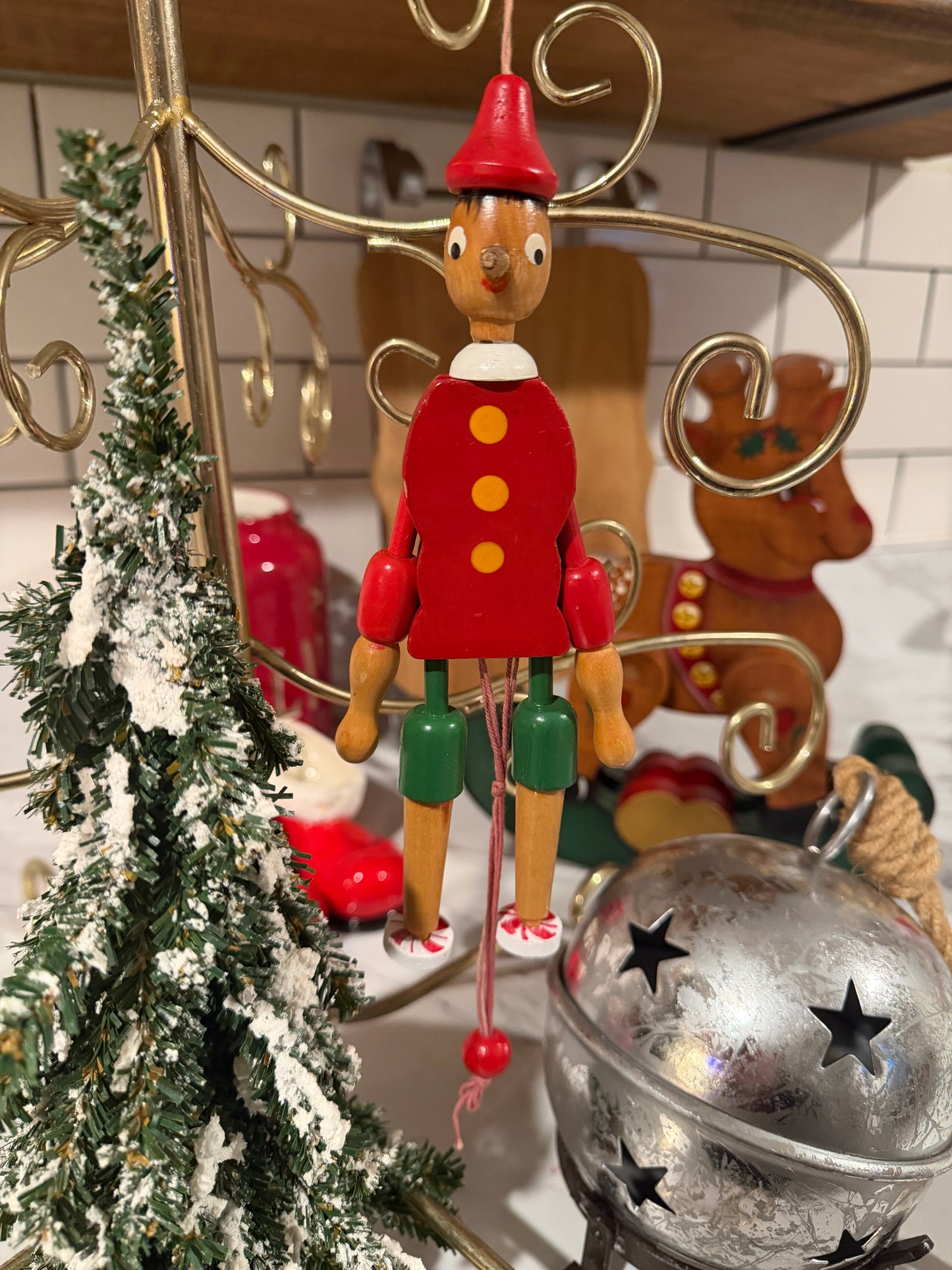 Vintage Wooden Pinocchio Pull-String Doll – 8”