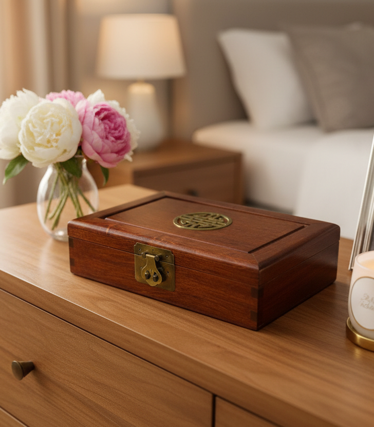 Vintage Chinese Mahogany Jewelry Box by George Zee & Co.