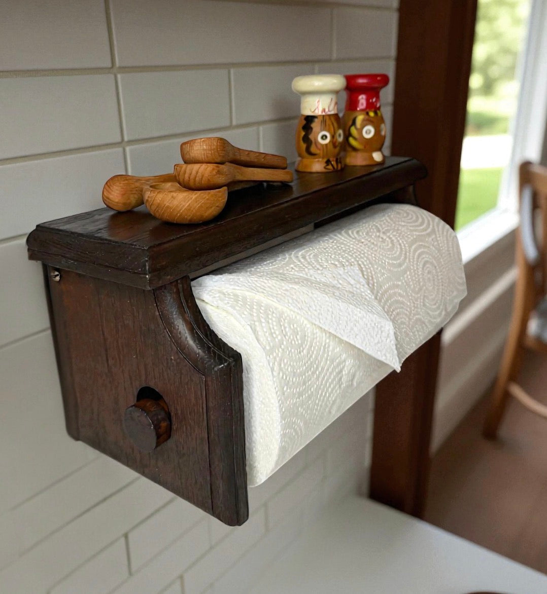 Vintage Solid Oak Shelf Paper Towel Holder – Refinished & Ready to Hang