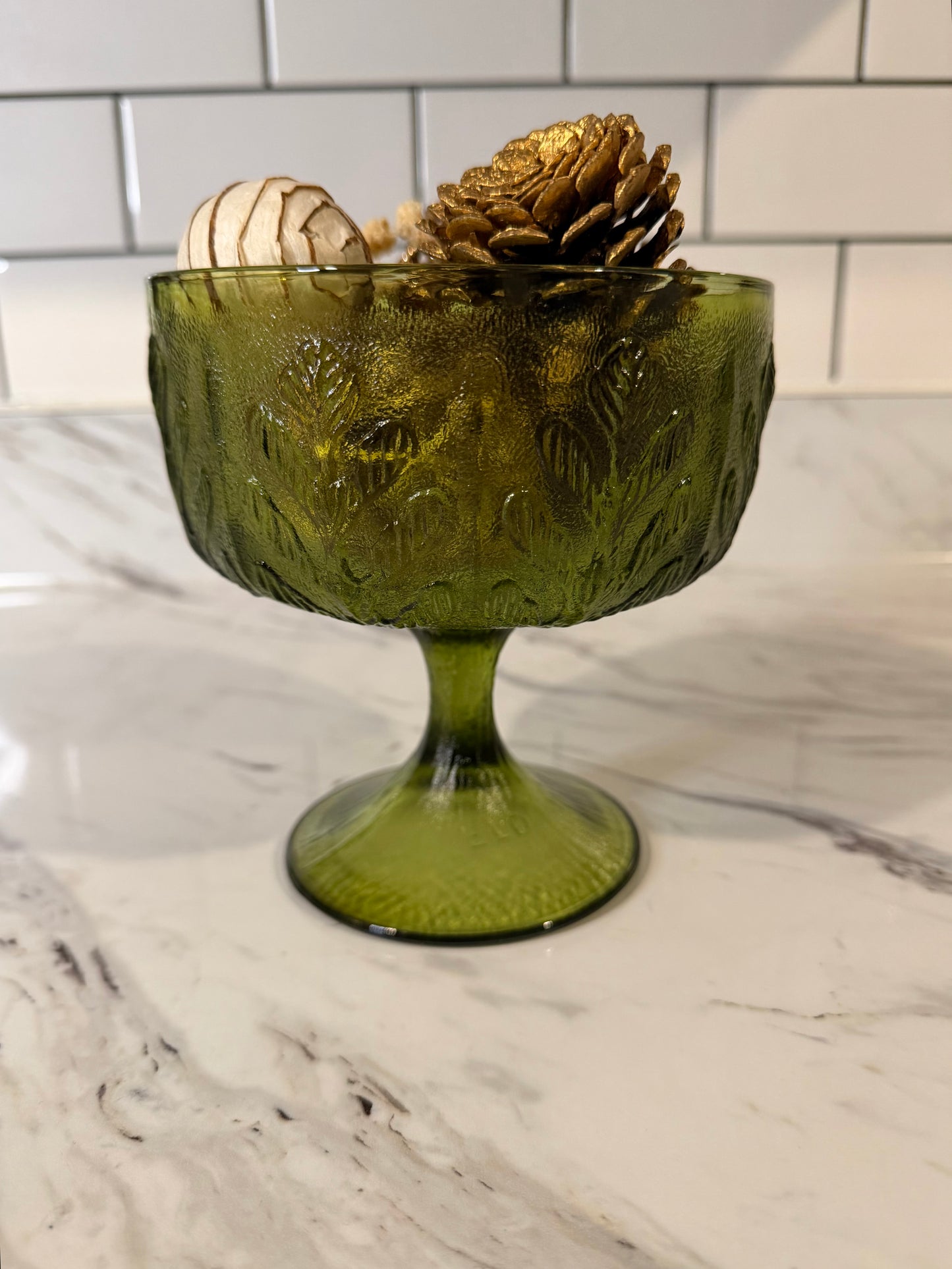Vintage Green Glass Pedestal Bowl - FTD Hocking Glass