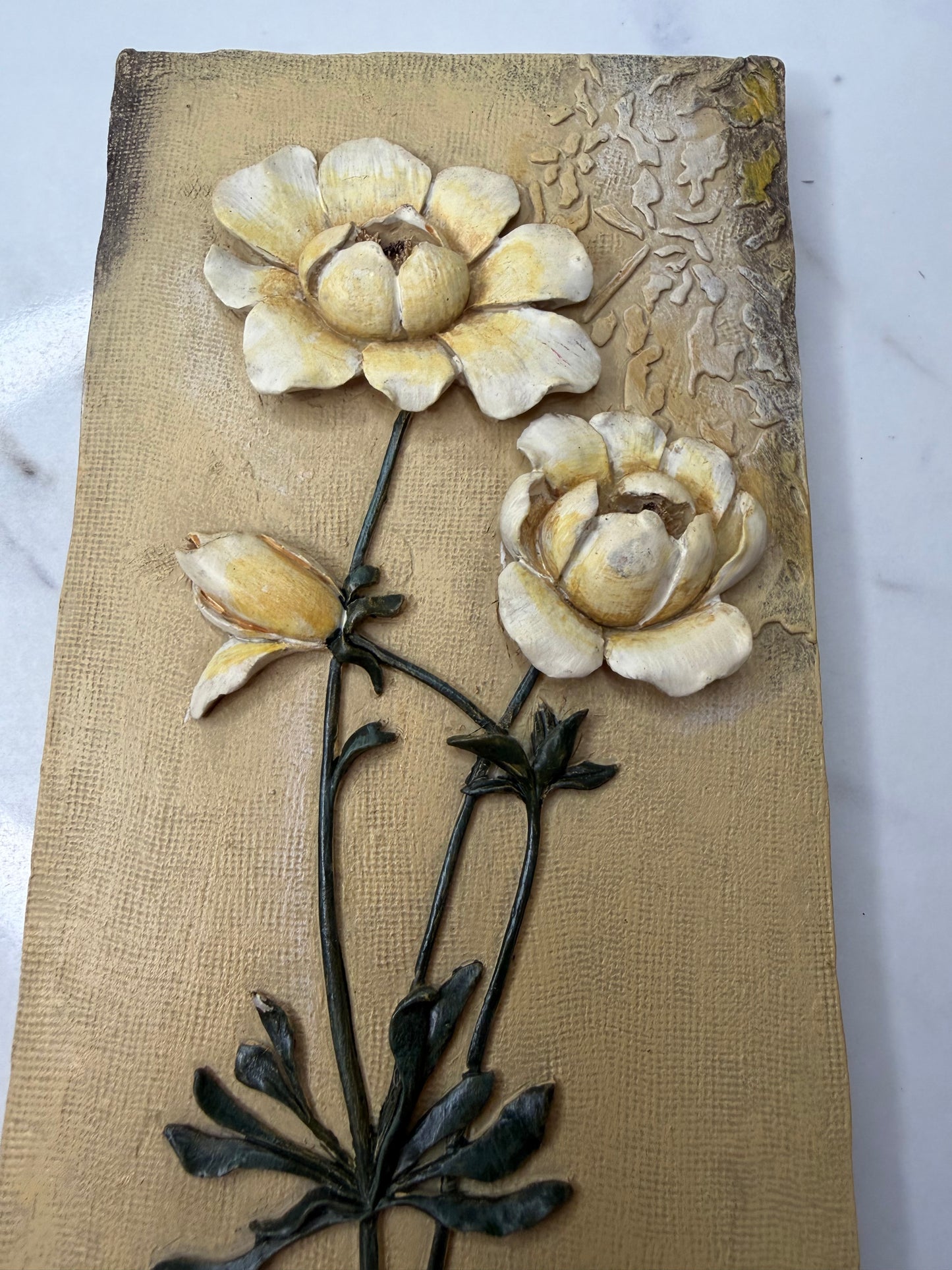 Set of Two Vintage Boem Signed 3D Floral Wall Art Plaques