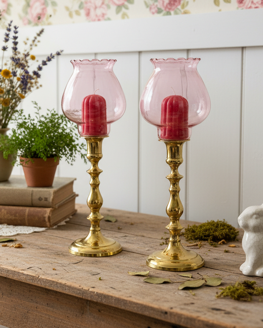Pair of Vintage Brass HOMCO Candlesticks with Pink Cranberry Glass Hurricane Shades