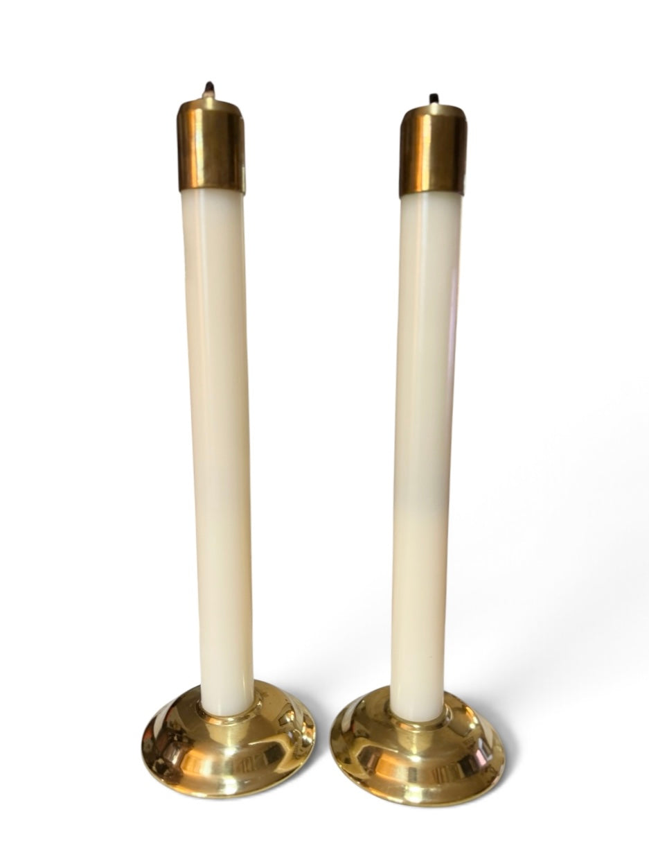 Pair of Vintage Brass Church Altar Oil Candlesticks – Refillable Faux Candles – 14”