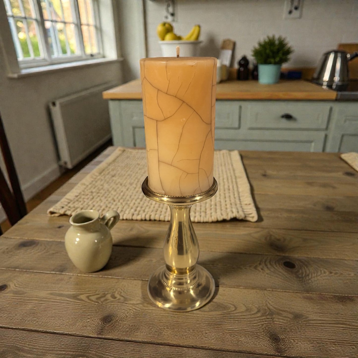 Frontgate Brass Pillar Candle Holder with Crackled Cream Candle