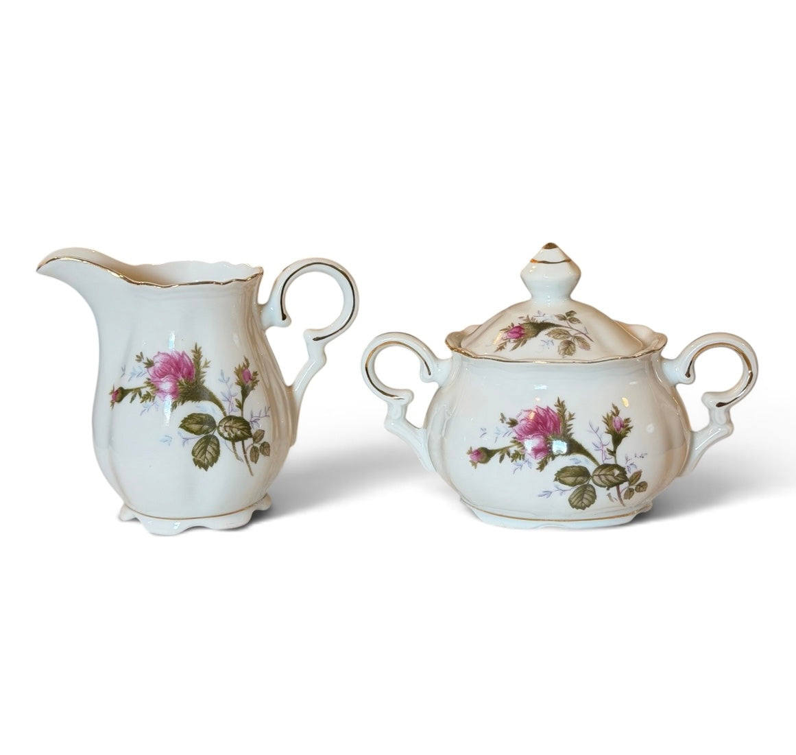 Moss Rose Vintage Porcelain Creamer & Lidded Sugar Bowl Set | Pink Roses Gold Trim