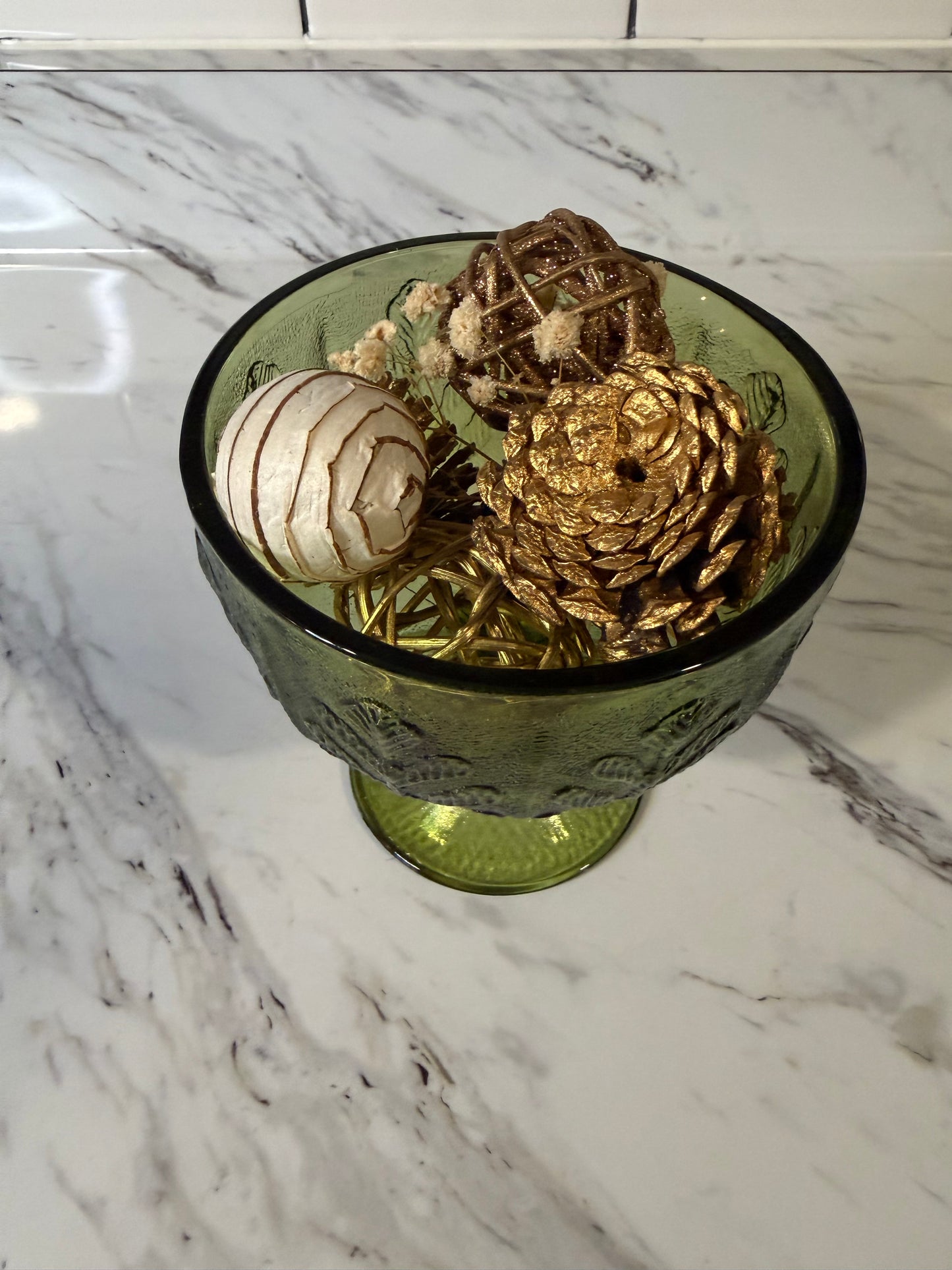 Vintage Green Glass Pedestal Bowl - FTD Hocking Glass