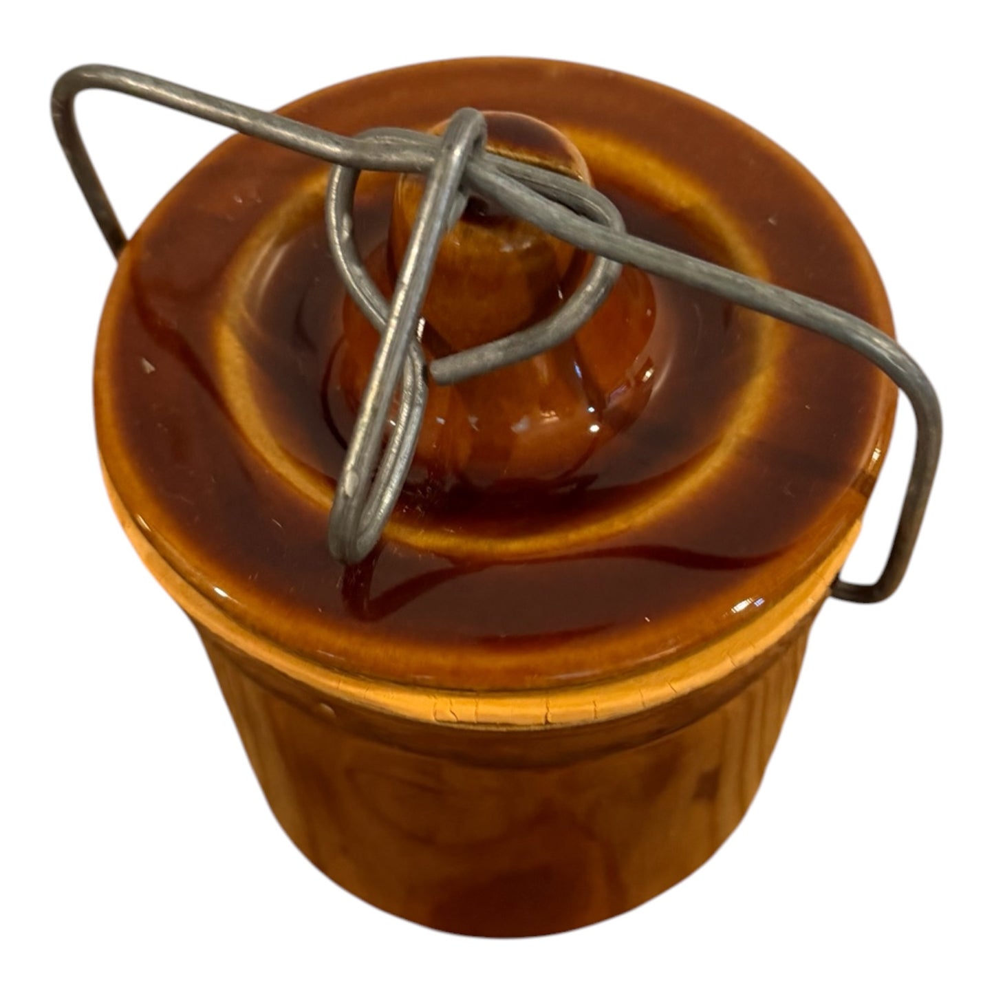 Brown Vintage Stoneware Cheese or Butter Crock with Wire Bail Lid