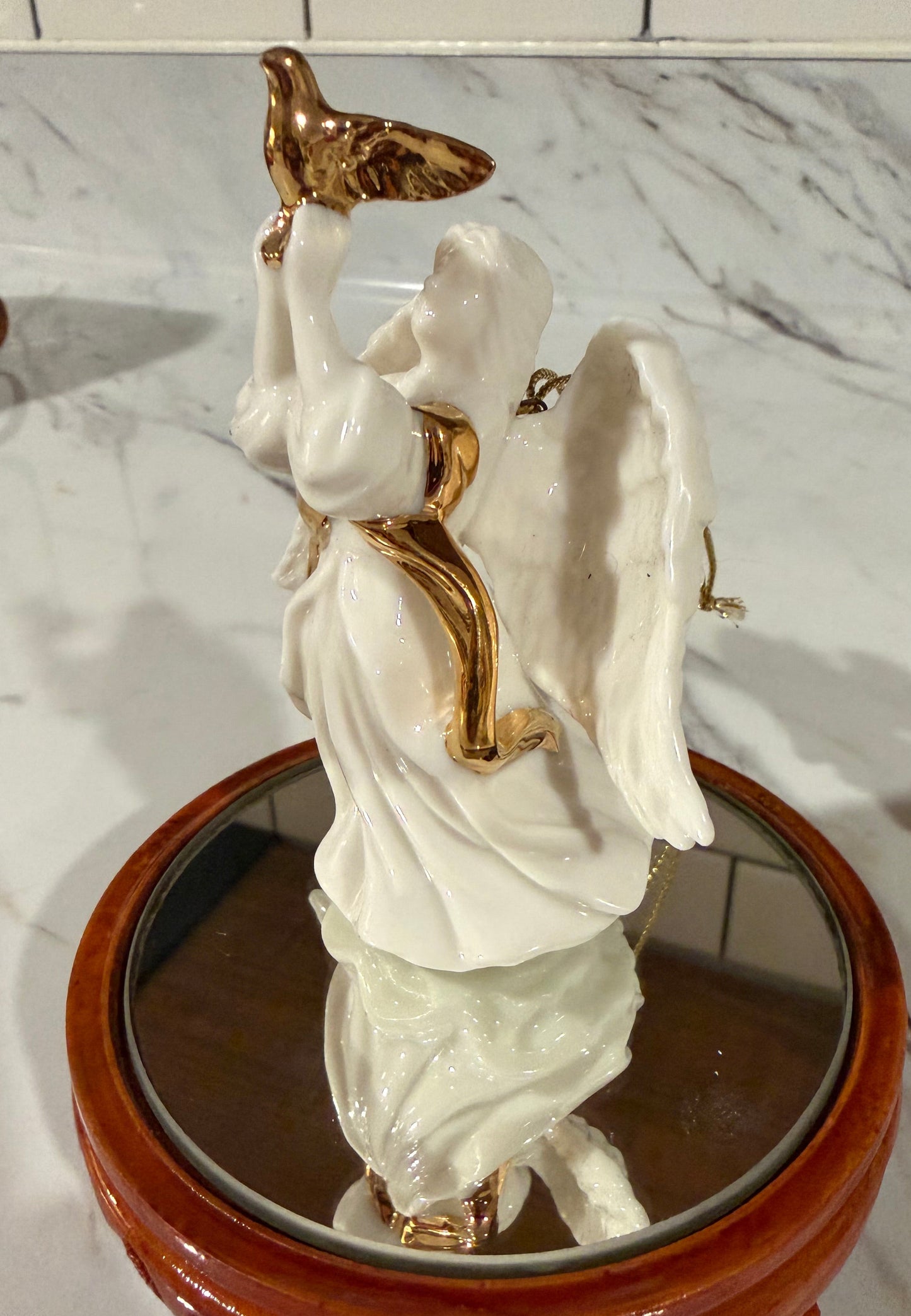 Vintage Angel Christmas Ornament – White Porcelain with Gold Trim & Dove