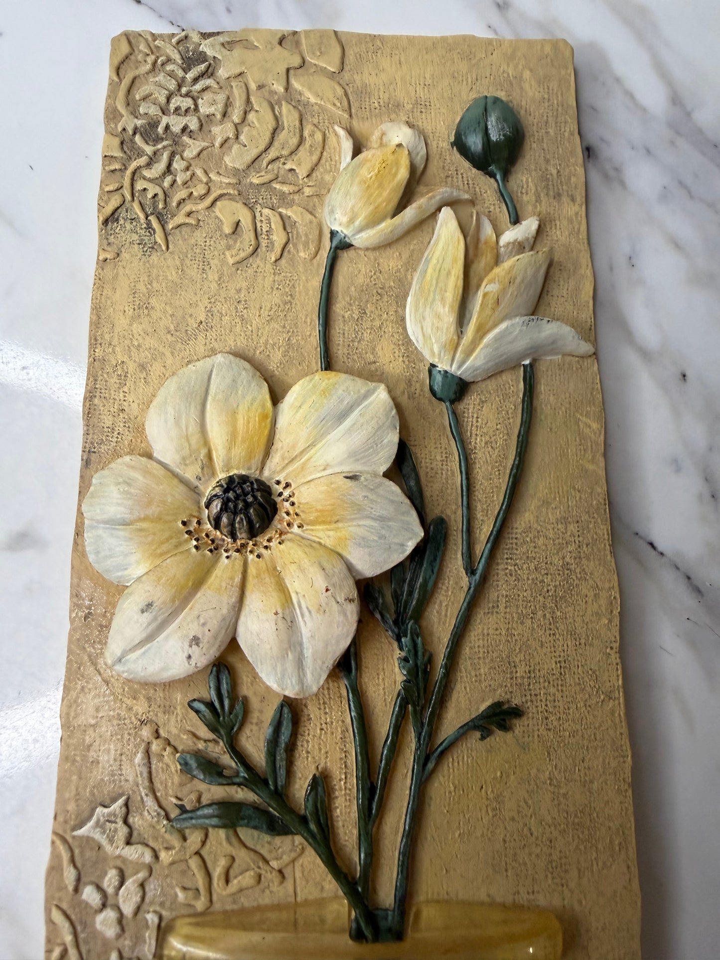 Set of Two Vintage Boem Signed 3D Floral Wall Art Plaques