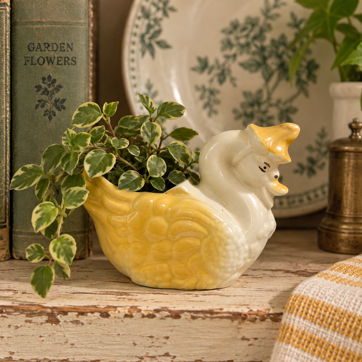 Mid-Century Anthropomorphic Duck Planter with Flower Blossom Hat