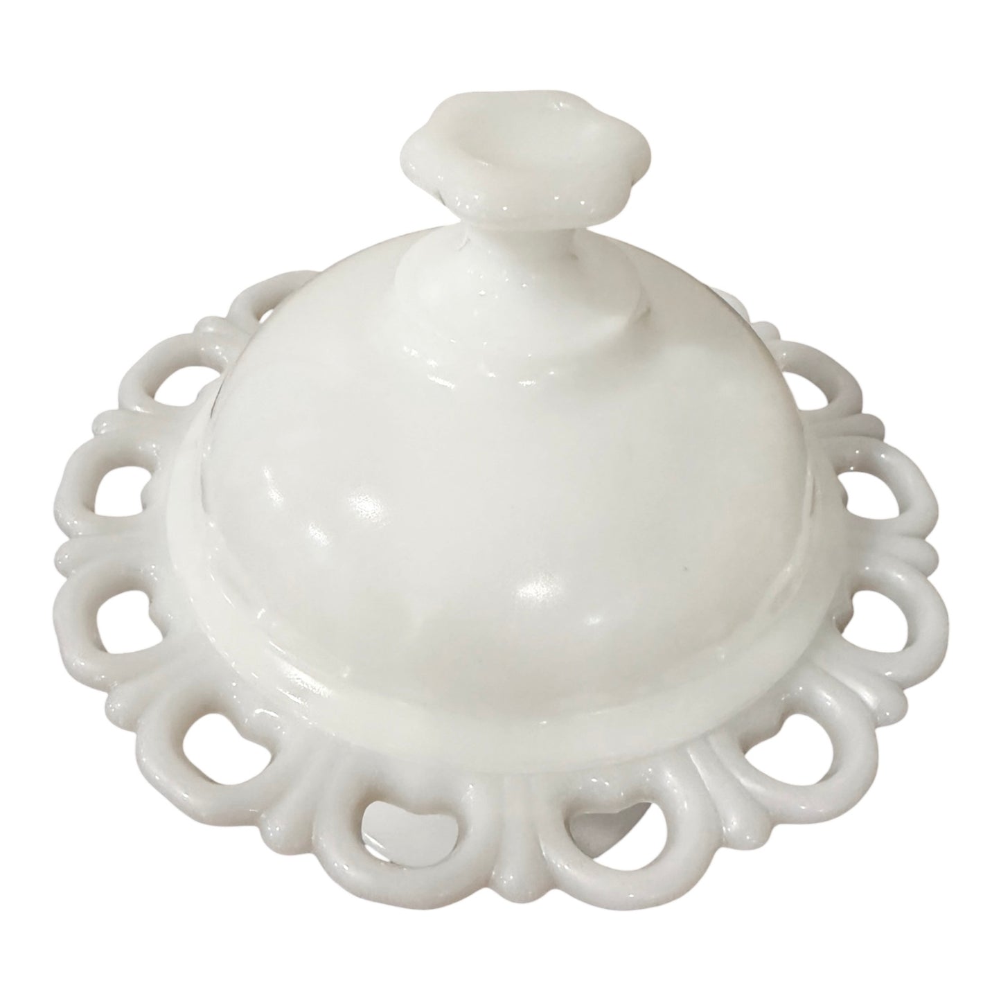 Anchor Hocking “Old Colony” Vintage Milk Glass Footed Candy Dish with Lid – Open Lace Edge Compote
