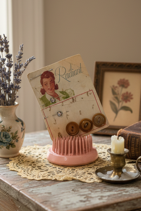 Pink Flower Frog with 1940s–1950s Radiant Button Card – Sewing Ephemera Vignette
