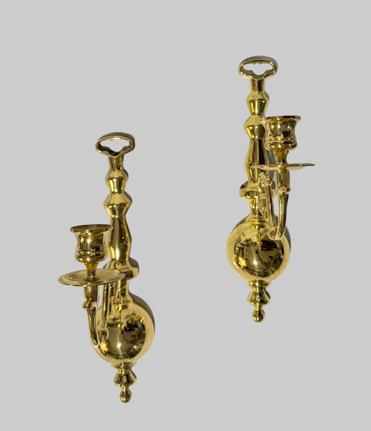 Vintage Pair of Colonial Revival Solid Brass Candle Wall Sconces