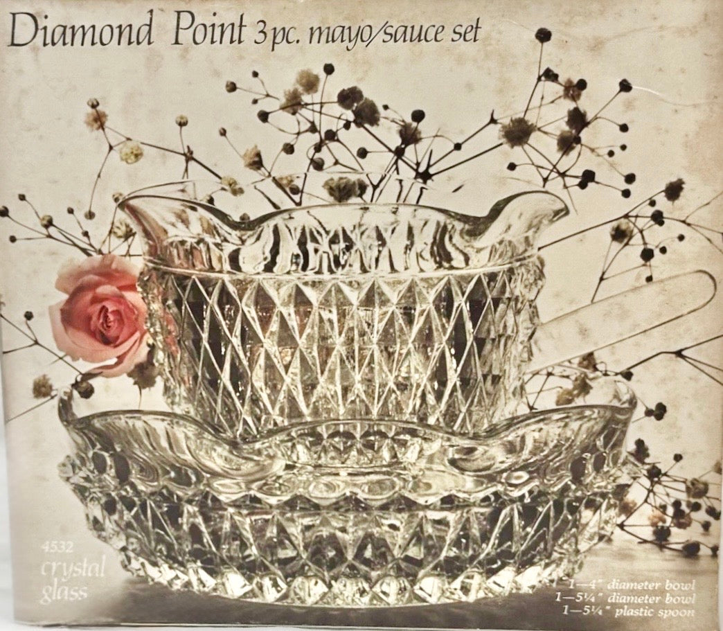 Indiana Glass “Diamond Point” Vintage Crystal Mayonnaise Bowl Set – Mid-Century Serving Dish