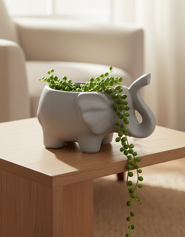 White Ceramic Elephant Planter – Small Succulent Pot or Desk Organizer