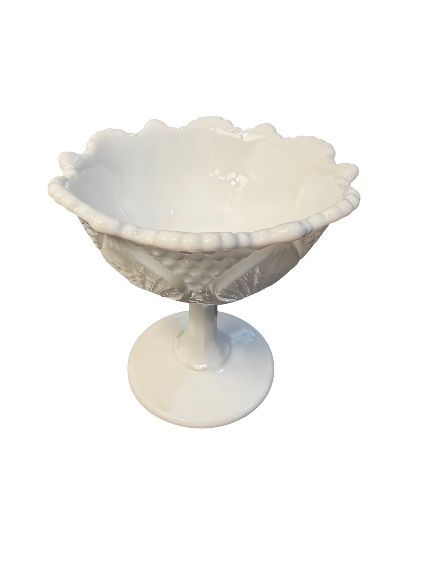 Fenton Hobnail & Leaf Vintage Milk Glass Footed Compote | Mid Century Pedestal Candy Dish