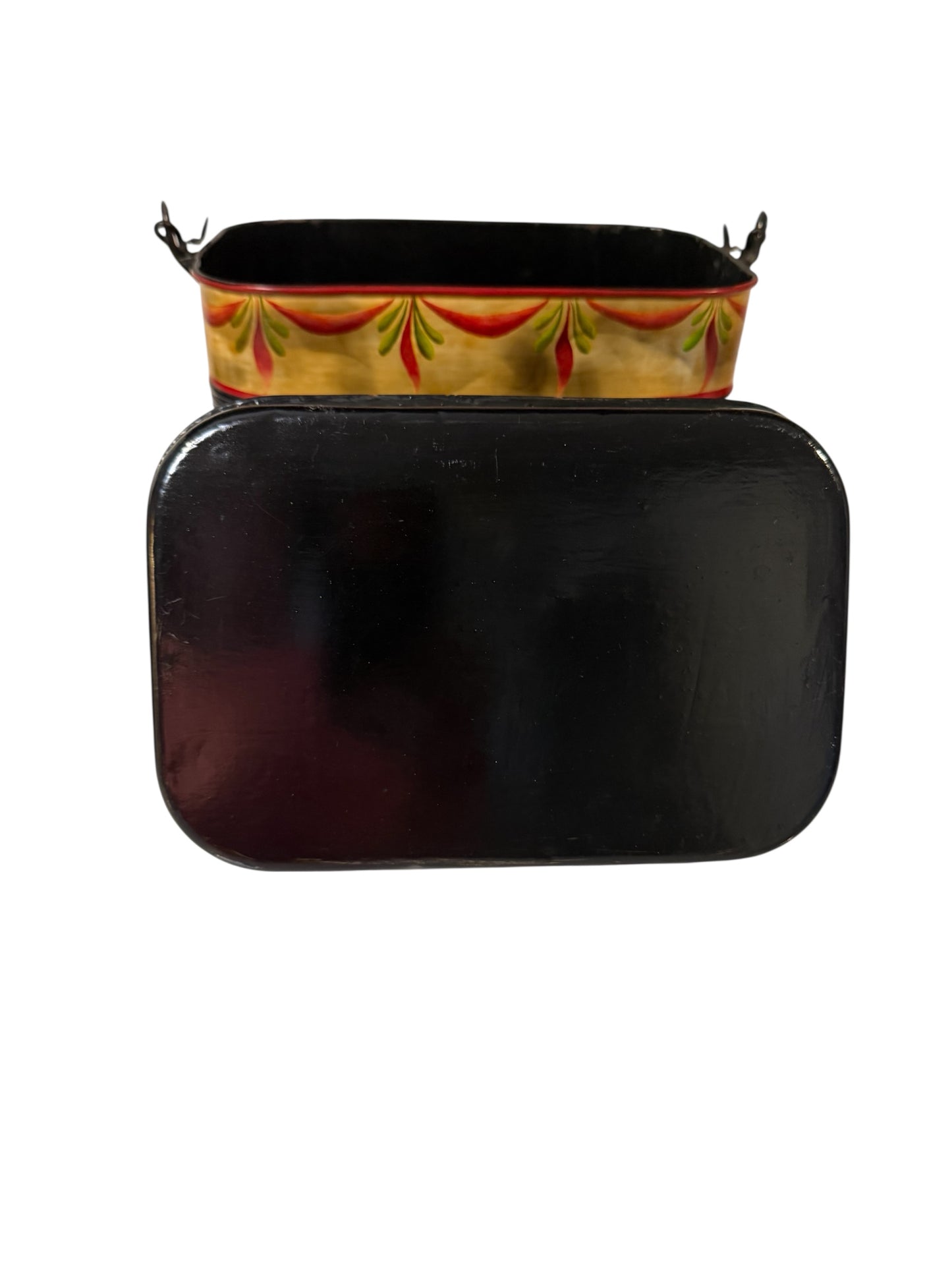 Tole-Painted Antique Metal Lunch Pail – Hand-Painted Floral Folk Art – Vintage Metal Lunch Box