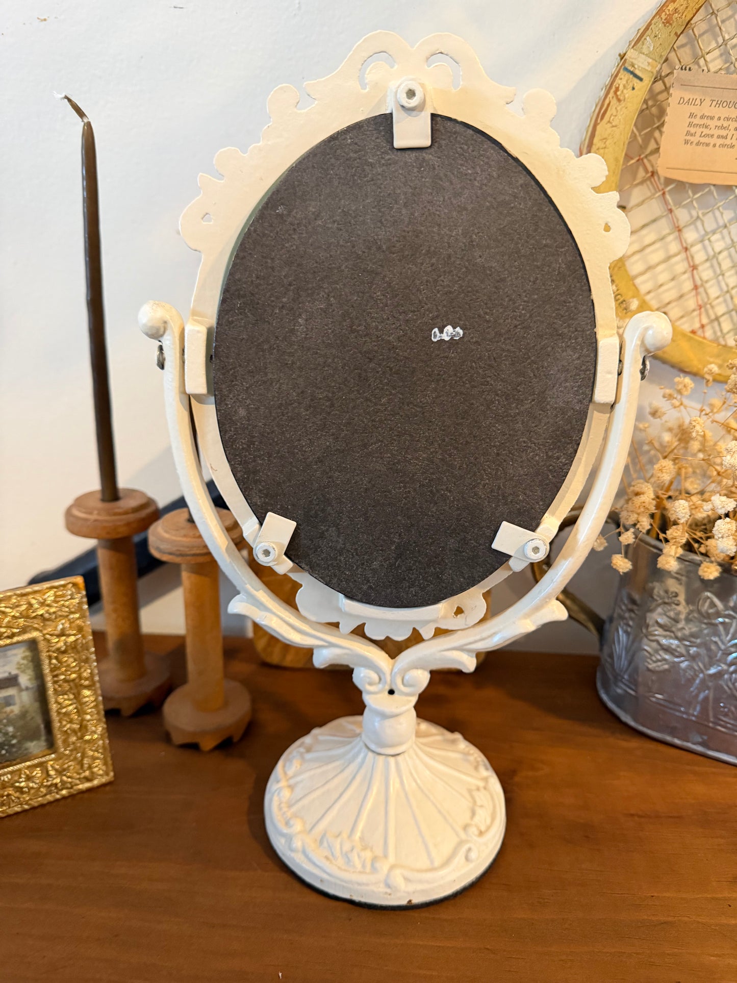 Vintage Victorian-Style Vanity Mirror – White Painted Cast Iron, Shabby Chic Pedestal