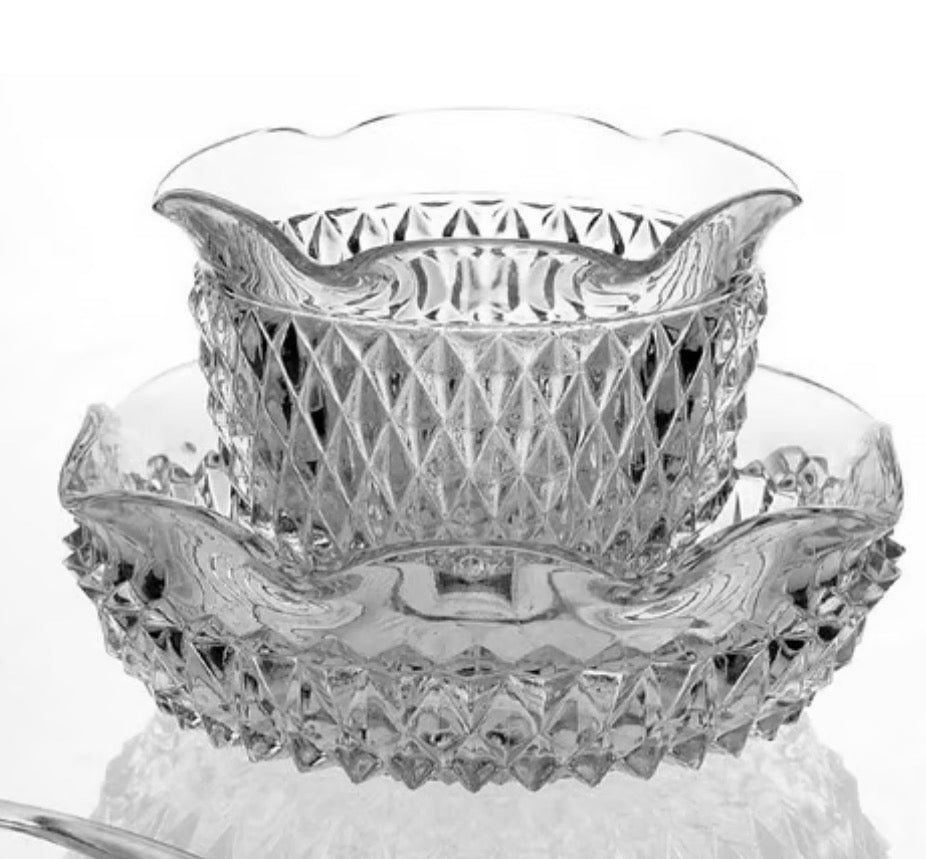 Indiana Glass “Diamond Point” Vintage Crystal Mayonnaise Bowl Set – Mid-Century Serving Dish
