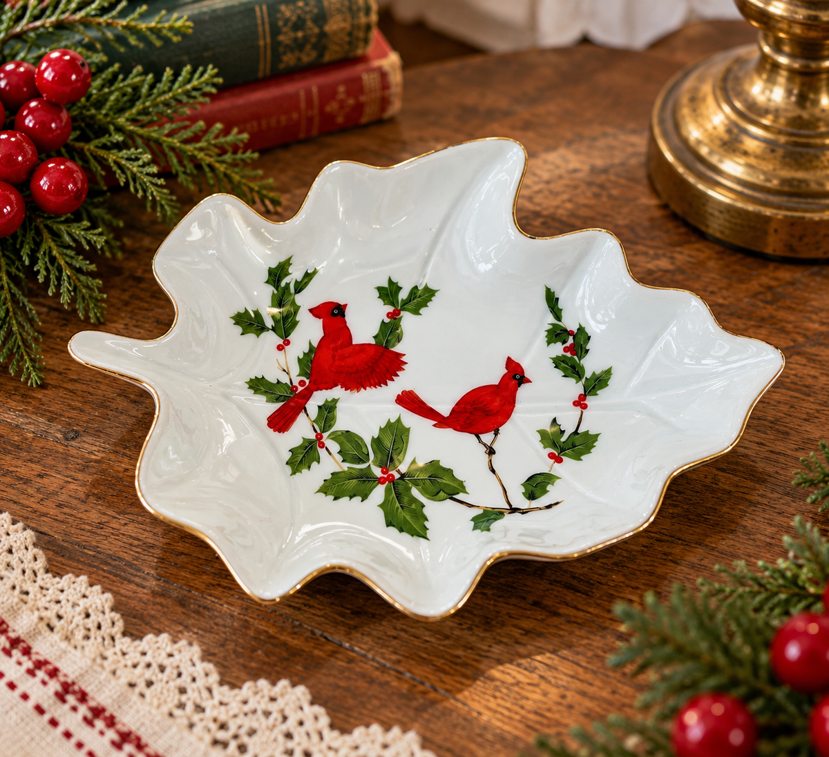 1984 Lefton China Christmas Cardinal Leaf Dish | Hand-Painted Porcelain Holly & Berries