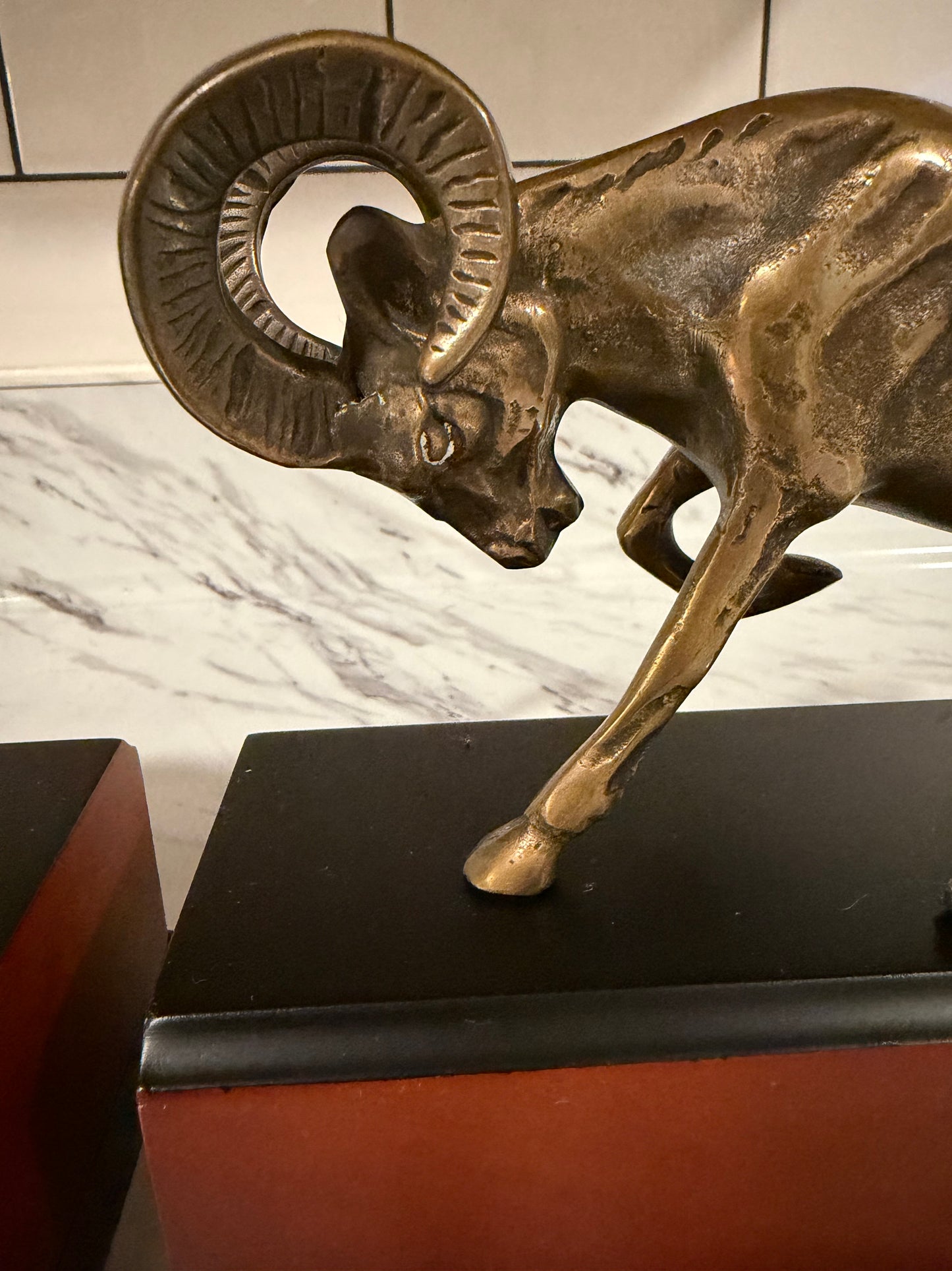 Pair of Vintage Brass Ram Bookends — Wood Base —
Mid Century