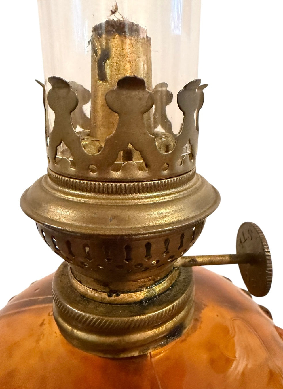 Amber Hobnail Vintage Kerosene/Oil Lamp with Star Burner & Glass Chimney