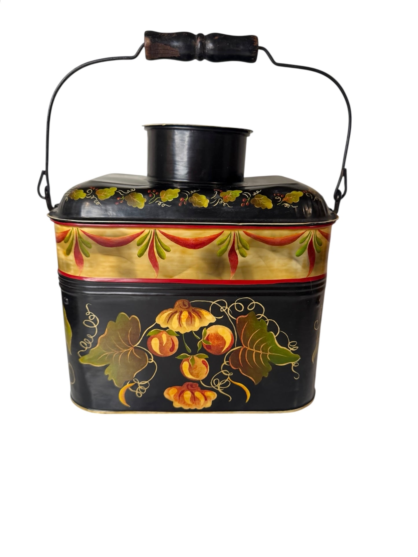 Tole-Painted Antique Metal Lunch Pail – Hand-Painted Floral Folk Art – Vintage Metal Lunch Box