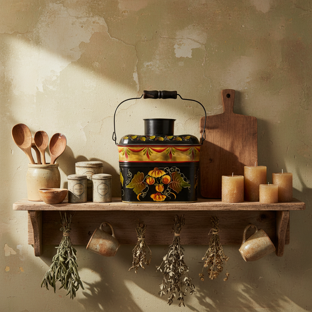 Tole-Painted Antique Metal Lunch Pail – Hand-Painted Floral Folk Art – Vintage Metal Lunch Box