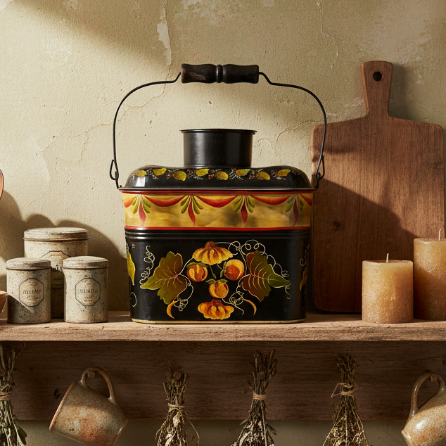 Tole-Painted Antique Metal Lunch Pail – Hand-Painted Floral Folk Art – Vintage Metal Lunch Box