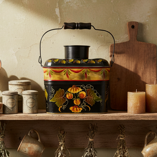 Tole-Painted Antique Metal Lunch Pail – Hand-Painted Floral Folk Art – Vintage Metal Lunch Box